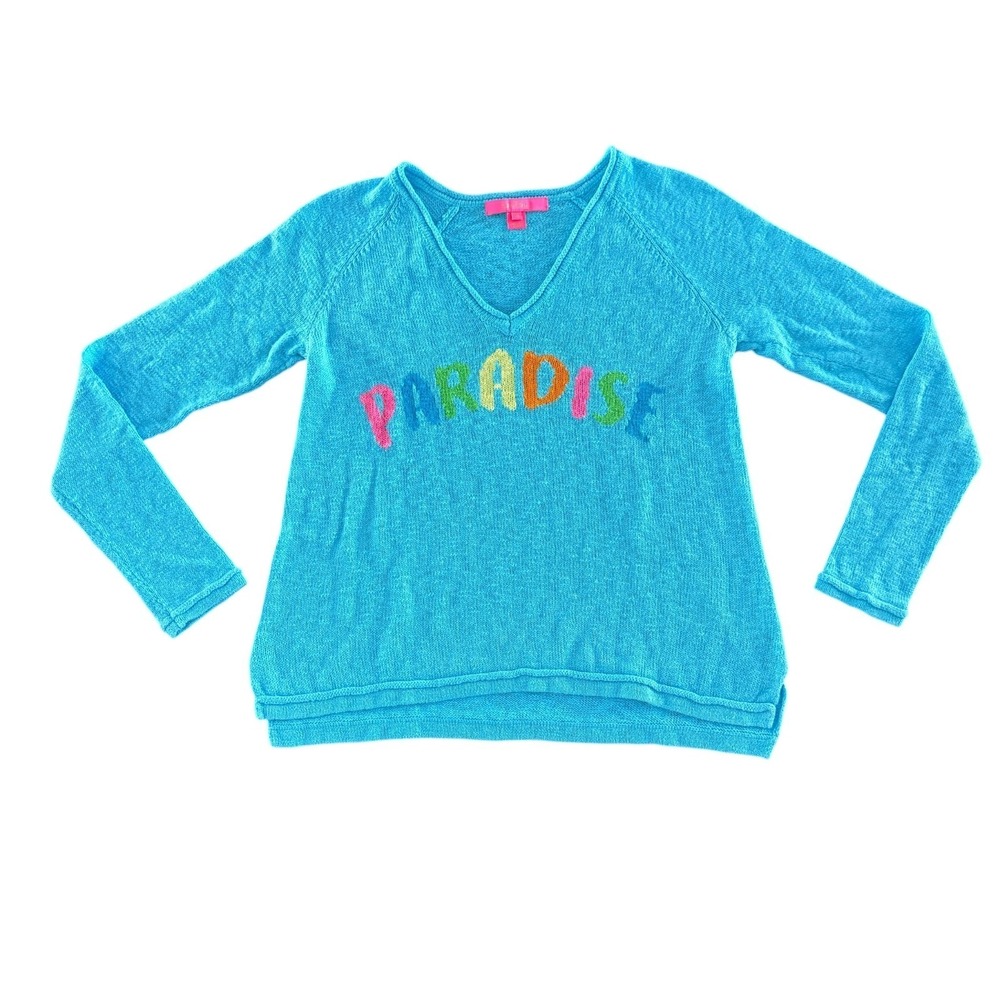 Lilly Pulitzer Danette V Neck Sweater XS Paradise Seabreeze Blue Intarsia Beachy